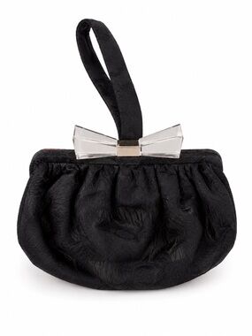Trina Turk Black Evening Clutch Wristlet Clear Bow Pink Lining OS